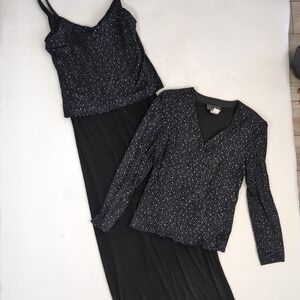 Alex Evenings Dress Set Women 12 Black Blue Glitter Dot Maxi Jacket 2pc Vintage